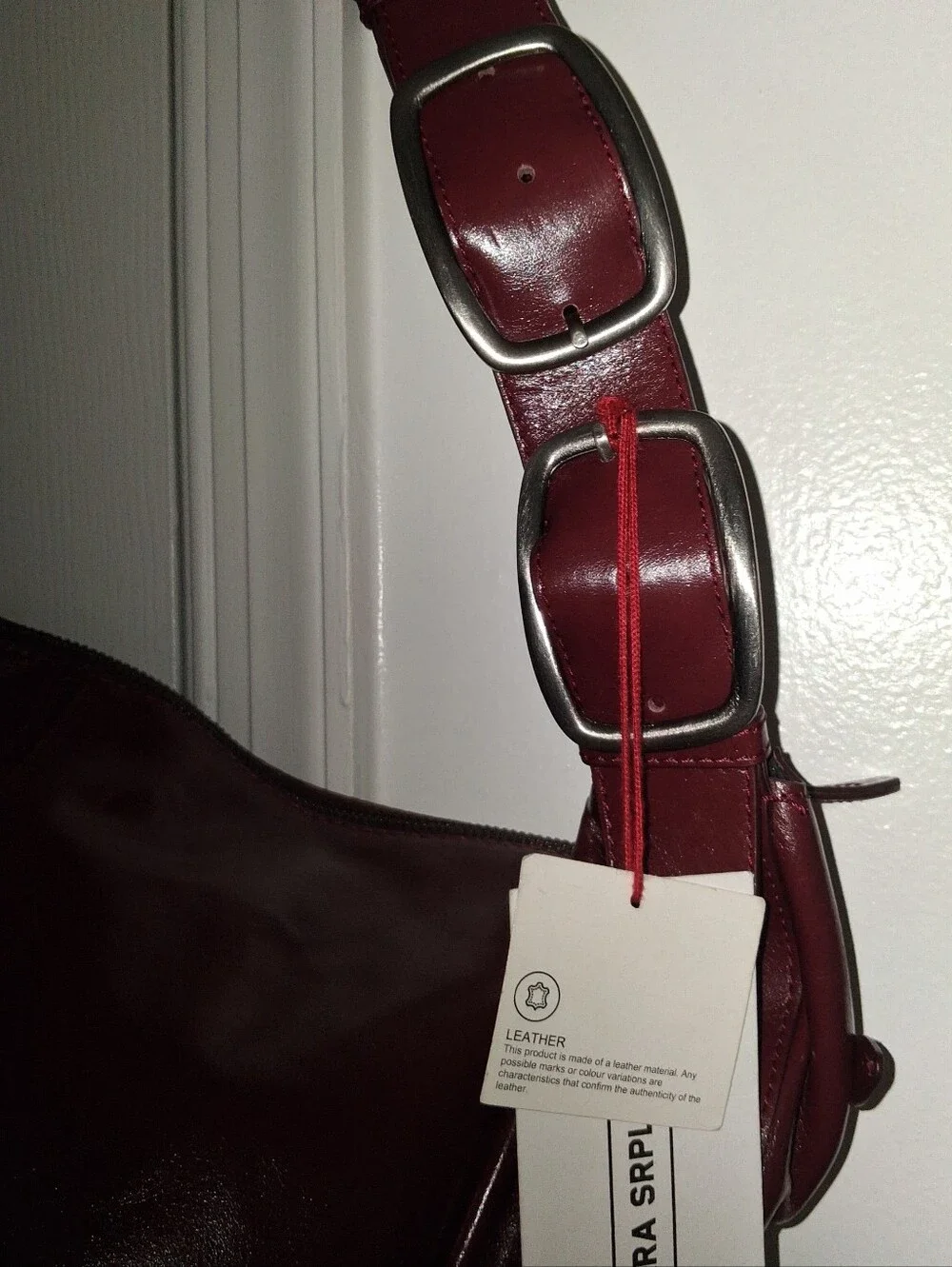 ZARA Large Burgundy Leather Crescent Shoulder Bag Double Buckle Strap Zip  close